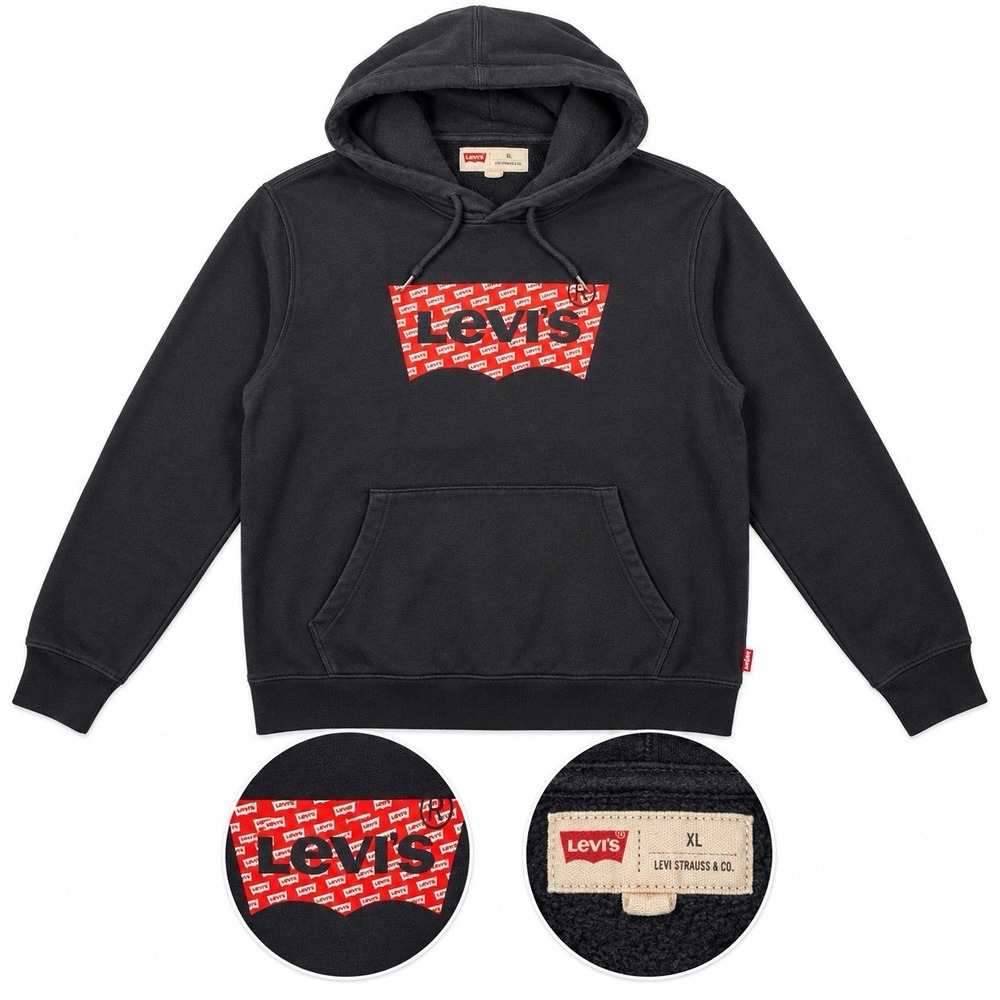 Levi's Men's XL Black Y2K Hoodie Red Batwing Logo Vintage 2000s Sweatshirt